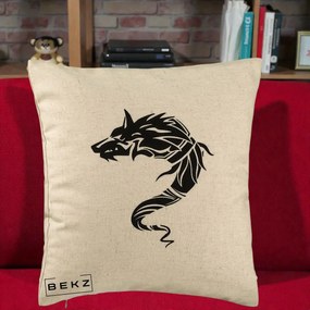 Perna Decorativa Lup Tribal Alb-Negru, 40x40 cm, Bej, Husa Detasabila, Perna Inclusa, BEKZ®