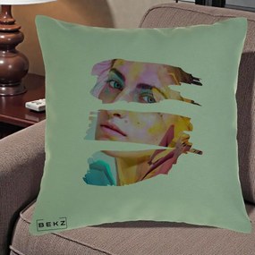Perna Decorativa Portret Femeie Fragmentat Colorat, 40x40 cm, Verde, Husa Detasabila, Perna Inclusa, BEKZ®