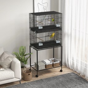 PawHut Cusca Dubla Stivuibila de 164cm pentru Pasari, pe Roti cu Suport, Tava Detasabila, Panou de Plasa Jos, Containere pentru Hrana | Aosom Romania