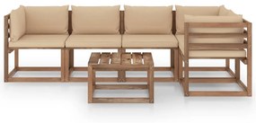 Set mobilier gradina paleti, cu perne, 6 piese, lemn pin tratat Bej, 2x mijloc + 3x colt + masa, 1