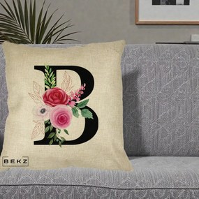 Cadou Personalizat - Perna Personalizata Monograma Florala Litera B, 40x40 cm, Crem, Husa Detasabila, Perna Inclusa, BEKZ®