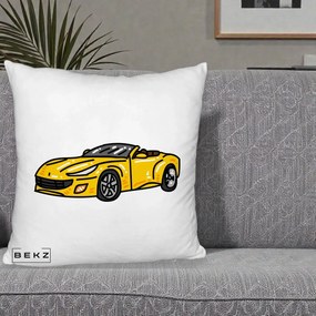 Perna Personalizata Masina Cabriolet Galbena Grafic, 40x40 cm, Alb Pufos, Husa Detasabila, Perna Inclusa, BEKZ®