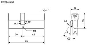 Richter EP.30/45.NI cilindru de construcție 30 +45mm, 3 chei