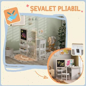 AIYAPLAY Set Masă și Scaun pentru Copii 3-8 Ani cu Tablă Neagră, Tablă Albă, Containere și Rulou de Hârtie, Alb | Aosom Romania