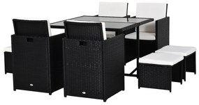 Outsunny Set Mobilier de Grădină încorporabil 8 persoane 9 piese rășină împletită 4 fire imitație răchită Negru Perne detașabile crem | Aosom Romania