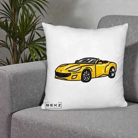 Perna Personalizata Masina Cabriolet Galbena Grafic, 40x40 cm, Alb Pufos, Husa Detasabila, Perna Inclusa, BEKZ®