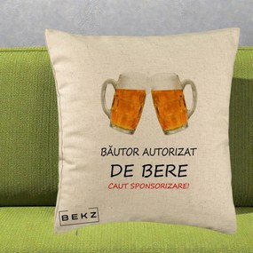 Perna Decorativa Bautor Autorizat de Bere, 40x40 cm, Bej, Husa Detasabila, Perna Inclusa, BEKZ®