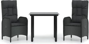 vidaXL Set mobilier de grădină cu perne, 3 piese, negru, poliratan