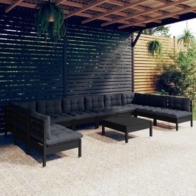 3097197 vidaXL Set mobilier grădină cu perne, 11 piese, negru, lemn masiv pin