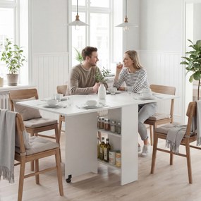 HOMCOM Masă Pliabilă pentru 4-6 Persoane cu 2 Roți și 2 rafturi depozitare, 140x75x74cm, Alb | Aosom Romania