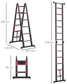 HOMCOM Scara Telescopica din Aluminiu si Nailon cu 12 Trepte cu Design Pliabil, 379x67.5x11 cm, Negru si Rosu | Aosom Romania