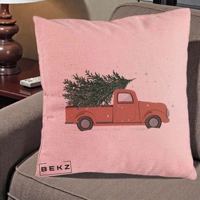 Perna Decorativa Camioneta Terracotta Brad de Craciun, 40x40 cm, Roz, Husa Detasabila, Perna Inclusa, BEKZ®