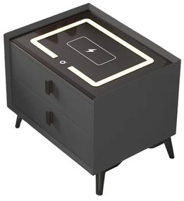 Noptiera inteligenta cu &icirc;ncărcare wireless și iluminare LED &ndash;culoare gri antracit, 2 sertare, design modern din sticlă și lemn