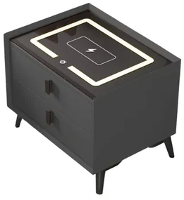 Noptiera inteligenta cu incarcare wireless si iluminare LED &ndash; culoare gri antracit, 2 sertare, design modern din sticla si lemn