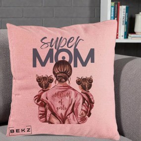 Cadou pentru Mama - Perna Personalizata Super Mom of Girls Mama cu Gemene, 40x40 cm, Roz, Husa Detasabila, Perna Inclusa, BEKZ®