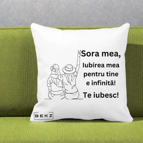 Cadou pentru Sora - Perna Personalizata Sora Mea Te Iubesc Line Art Portrete Colorate, 40x40 cm, Alba Mata, Husa Detasabila, Perna Inclusa, BEKZ®