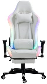 Scaun gaming cu sistem iluminare bandă LED RGB, masaj în perna lombară, suport picioare, funcție șezlong, 90-180 grade, piele PU Premium, Alb