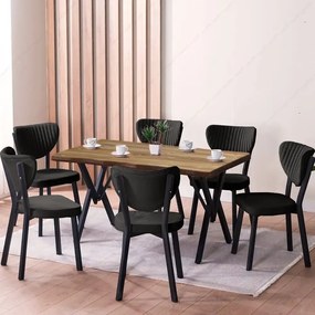 Set Masa Barton din MDF cu 6 Scaune  din metal, culaore nuc si negru, 140 cm