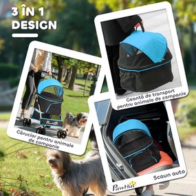 PawHut Cărucior pentru Câini Pliabil și Convertibil în Geantă de Transport cu 2 Lese și Pernă, 82x49.5x98 cm, Albastru | Aosom Romania