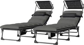 Outsunny Set de 2 șezlonguri pliante cu copertină, șezlonguri înclinabile cu pernă, buzunar lateral și mâner de transport, gri închis | Aosom Romania