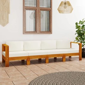 Canapea gradina cu 4 locuri, perne alb crem, lemn masiv acacia