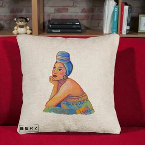 Perna Decorativa Portret Femeie Contemplativa, 40x40 cm, Bej Canapea, Husa Detasabila, Perna Inclusa, BEKZ®