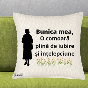 Cadou pentru Bunica - Perna Personalizata Bunica Mea Comoara Iubire Intelepciune Silueta cu Nepoata, 40x40 cm, Crem Reliefat, Husa Detasabila, Perna Inclusa, BEKZ®