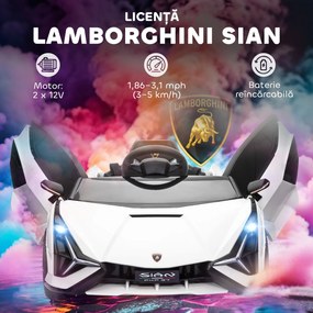 HOMCOM Mașină Electrică pentru Copii 3-5ani, Mașinuță Electrică Lamborghini cu Faruri, Muzică și Telecomandă, 108x62x40cm, Alb | Aosom Romania
