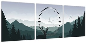 Tablou - Cerb cu lup pe stânci (cu ceas) (90x30 cm)