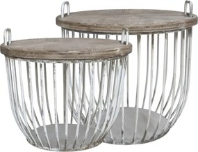 Set 2 măsuțe de cafea rotunde din lemn de chiparos și metal, natur și alb, cu mânere și structură tip coș, finisaj patinat, 48 x 57 cm, „Cassis”