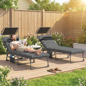 Outsunny Set de 2 șezlonguri pliante cu copertină, șezlonguri înclinabile cu pernă, buzunar lateral și mâner de transport, gri închis | Aosom Romania