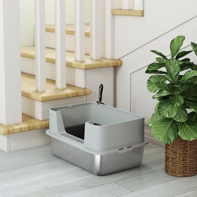 PawHut Cutie de Nisip pentru Pisici din Oțel Inoxidabil XL cu Bordo Înalt Lopată Ușor de Curățat Anti-Scurgeri 60x40x29,5 cm Gri | Aosom Romania