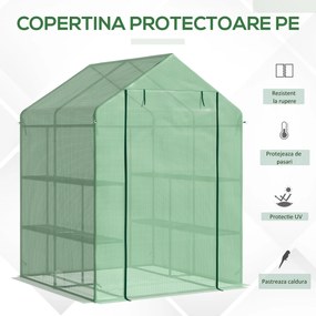 Outsunny Sera de gradina cu rafturi pentru plante, legume, fructe, gradinarit protectie din PE si usa care se ruleaza, 143x138x190cm, verde | AOSOM RO