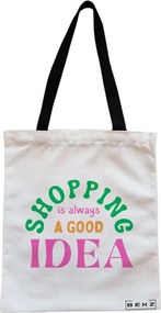 Sacosa de Panza pentru Cumparaturi, Geanta Tote, model Shopping is always a good idea, Cu fermoar, 38x34.5 cm, Alba, BEKZ®
