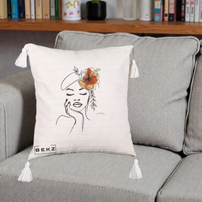 Perna Decorativa Portret Feminin Flori Palarie, 40x40 cm, Bej cu Franjuri, Husa Detasabila, Perna Inclusa, BEKZ®
