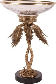 Bol decorativ din sticlă și alamă, auriu, pe picior în formă de palmier, cu soclu negru, 54 x 35 cm, „Médicis”