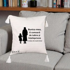 Cadou pentru Bunica - Perna Personalizata Bunica Mea Comoara Iubire Intelepciune Silueta, 40x40 cm, Bej cu Franjuri, Husa Detasabila, Perna Inclusa, BEKZ®