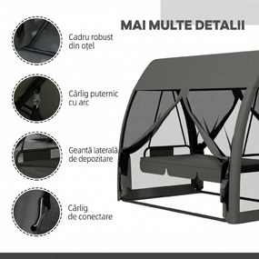 Outsunny Balansoar de Grădină 2-în-1 Convertibil în Pat cu Perne, Balansoar cu Husă și Plasă de Țânțari cu Fermoar, 240x140x197 cm, Gri | Aosom Romania