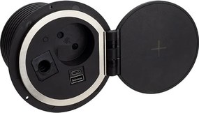 Priză încorporabilă în blat Sambo Box Design Light, încărcător wireless, 1 priză Schuko, USB A + C, negru, D:78 mm Plastic, Negru, D:78 mm