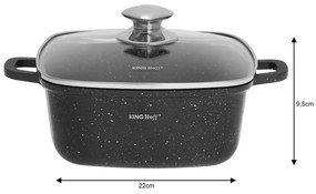 Oală pătrată cu capac 22x22 cm, 3.7L – Kinghoff KH 1602, antiaderentă cu marmură, neagră, ideală pentru gătit sănătos