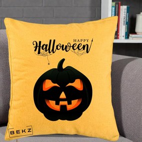 Perna Decorativa Happy Halloween Dovleac Negru cu Paianjen, 40x40 cm, Galben, Husa Detasabila, Perna Inclusa, BEKZ®