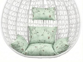 Scaun suspendat alb KOKON cu suport, perna verde deschis cu model