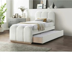 Pat MACARENA 90x200, crem, stofa boucle/lemn, cu somiera