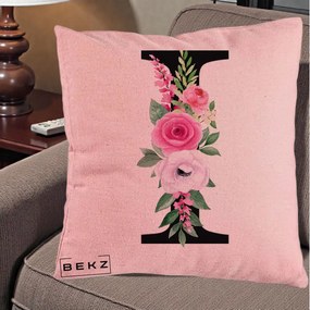 Cadou Personalizat - Perna Personalizata Monograma Florala Litera I, 40x40 cm, Roz, Husa Detasabila, Perna Inclusa, BEKZ®