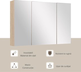 Kleankin Dulăpior de Perete pentru Baie, Mobilă cu 3 Uși cu Oglindă, 90x60x13,5 cm, Lemn | Aosom Romania