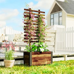 Outsunny Jardiniera cu Spalier pentru Plante Agatatoare si Roti, Jardiniera din Lemn de Brad cu Design Autodrenant, 65x31x147 cm, Maro Carbonizat