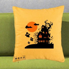 Perna Decorativa Halloween Casa Bantuita cu Fantome, 40x40 cm, Galben, Husa Detasabila, Perna Inclusa, BEKZ®
