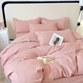 Lenjerie de pat cu elastic, tesatura tip finet, pat 2 persoane, 6 piese, roz, FNJE-148