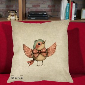 Perna Decorativa Pasare Roz cu Aripi si Fundita, 40x40 cm, Crem, Husa Detasabila, Perna Inclusa, BEKZ®