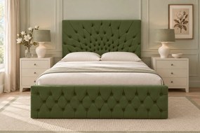 Pat tapițat Chesterfield din catifea Venezia 140×200 cm, kaki, cu ladă de depozitare
